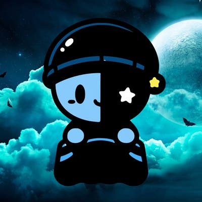 a short blue guy with a dark blue blanket with the line going down while holding it from the inside the blanket and a sleeping hat and half black on the head with a star on the black side of the face