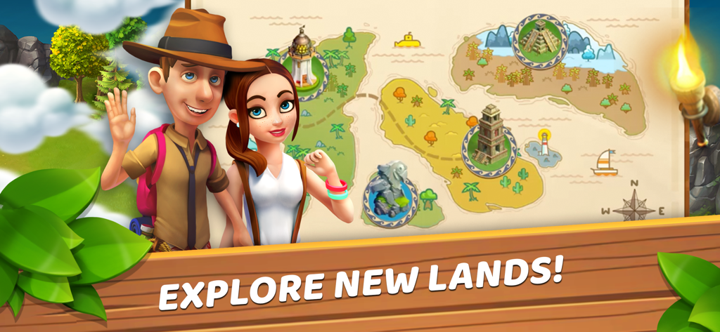 Funky Bay – Farm & Adventure - I personaggi del gioco Funky Bay presentano una mappa di avventura dell'isola per esplorare nuove terre