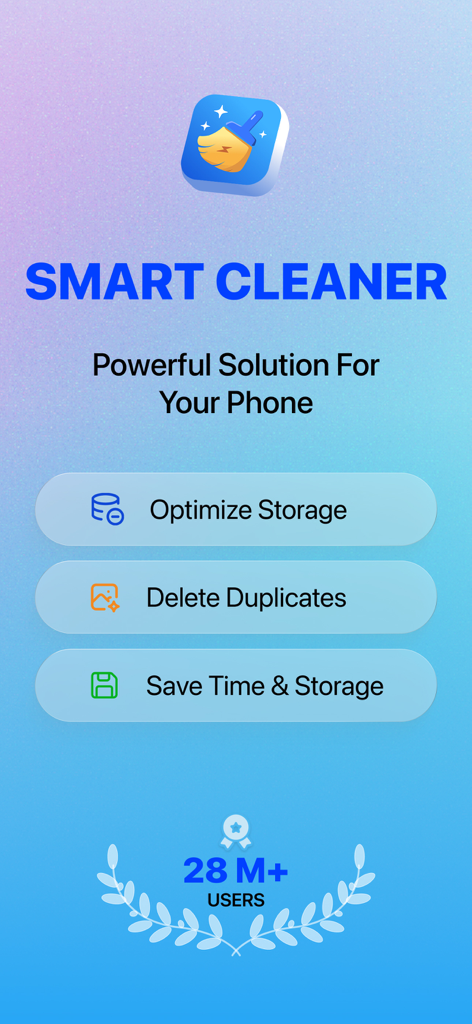 Interface principal do aplicativo Smart Cleaner mostrando otimização de armazenamento e opções de exclusão de fotos duplicadas