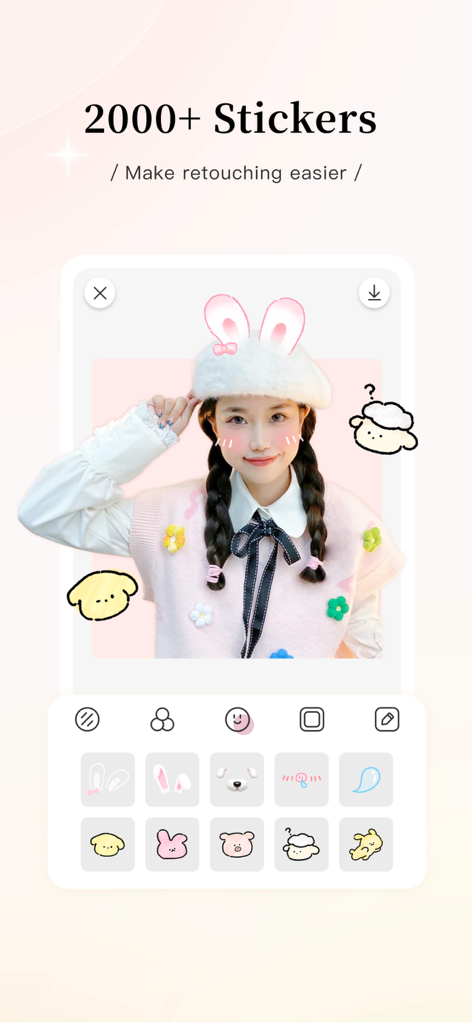 A screenshot of the RizaCam app showcasing hand-painted stickers and easy photo retouching features.