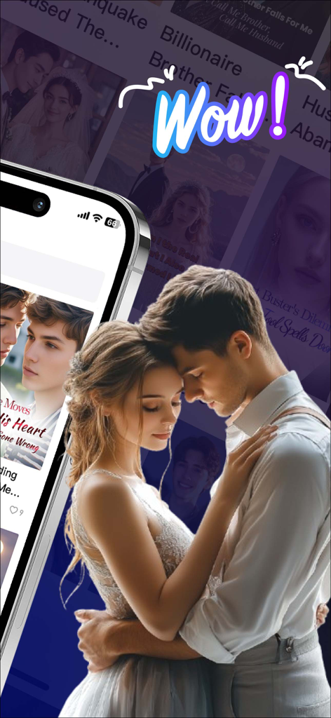 Novel Master - Coppia romantica mostrata davanti all'interfaccia dell'app Novel Master con vari titoli di storie brevi.