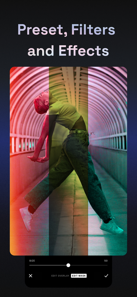 A demonstration of different photo presets and analog effects applied to a lifestyle image in the Filterloop app