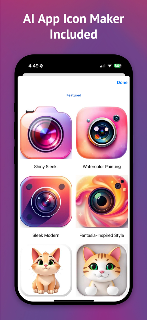 AI Image Maker Pro: Fast & Fun - A mobile screen showing various AI-generated app icon styles including shiny sleek and watercolor painting effects