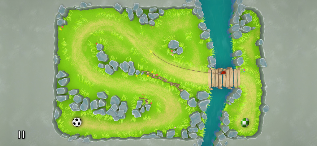 草の道と木製の橋のある、自然をテーマにした迷路レベルのトップダウンビュー