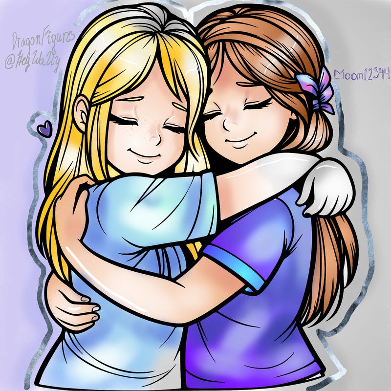 two girls hugging realistic