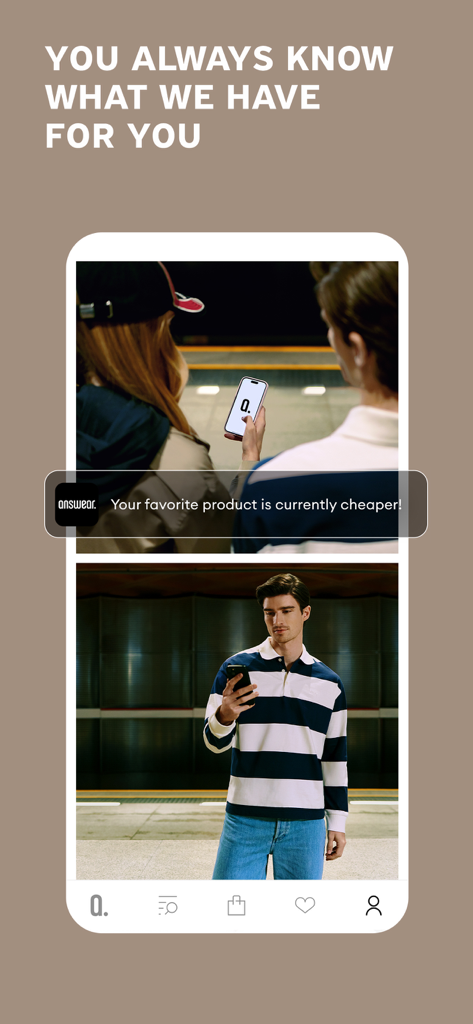 Pantalla de la app móvil Answear mostrando una notificación de bajada de precio para productos favoritos