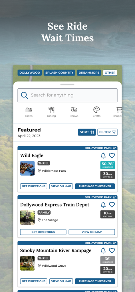 Dollywood mobile app interface displaying real-time ride wait times and attraction details for park visitors.