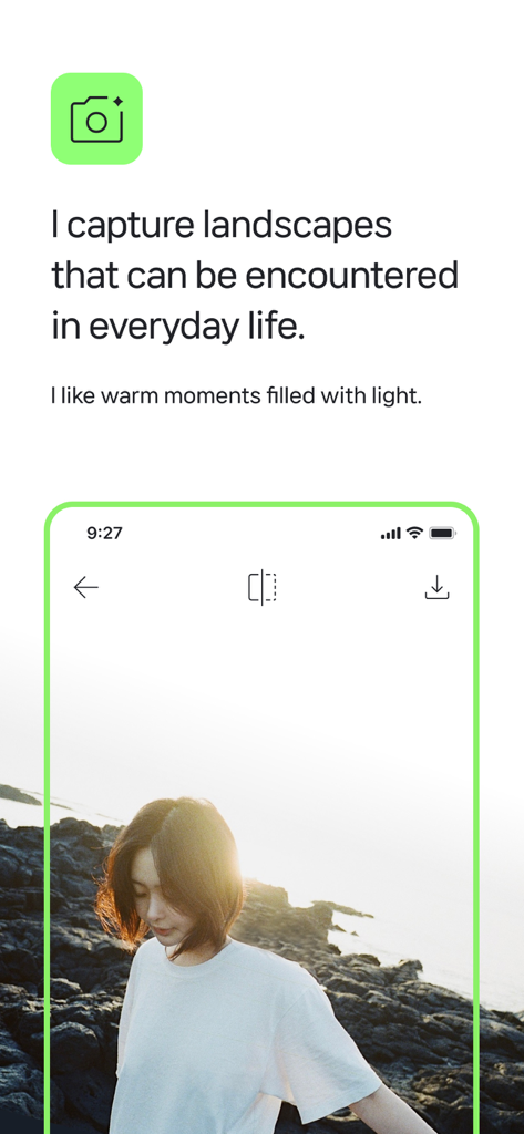 A woman in a sunlit coastal landscape edited with a soft film filter in the filmhwa app