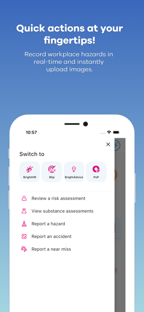 BrightSafe On The Go - The quick actions menu of the BrightSafe On The Go app showing options to report hazards and accidents