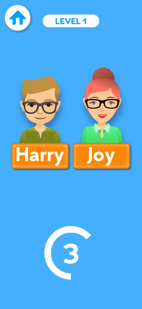 Level one of a memory training game showing two characters named Harry and Joy with a countdown timer