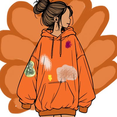 realistic girl with a oversized sweatshirt on and a bun