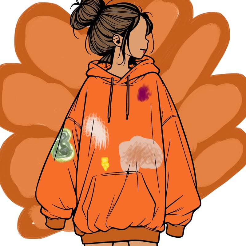 realistic girl with a oversized sweatshirt on and a bun