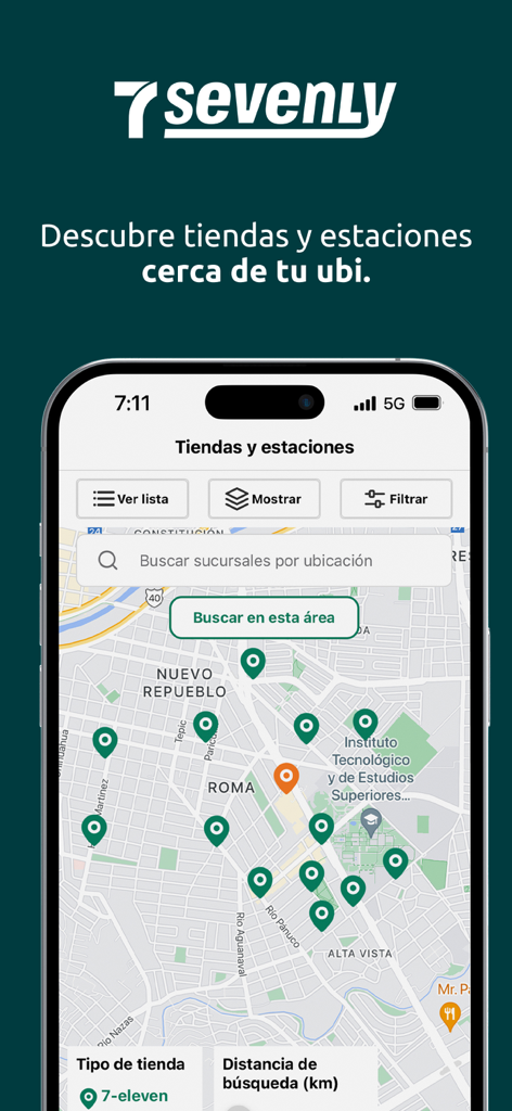 Sevenly app map interface showing 7-Eleven and PetroSeven store locations