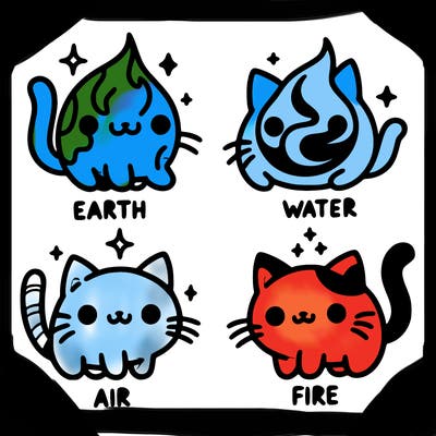 4 cats that represent the different elements, earth, water, air, and fire