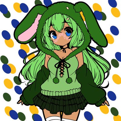 pretty anime girl wearing a fluffy hoodie with bunny ears on the hood and a skirt