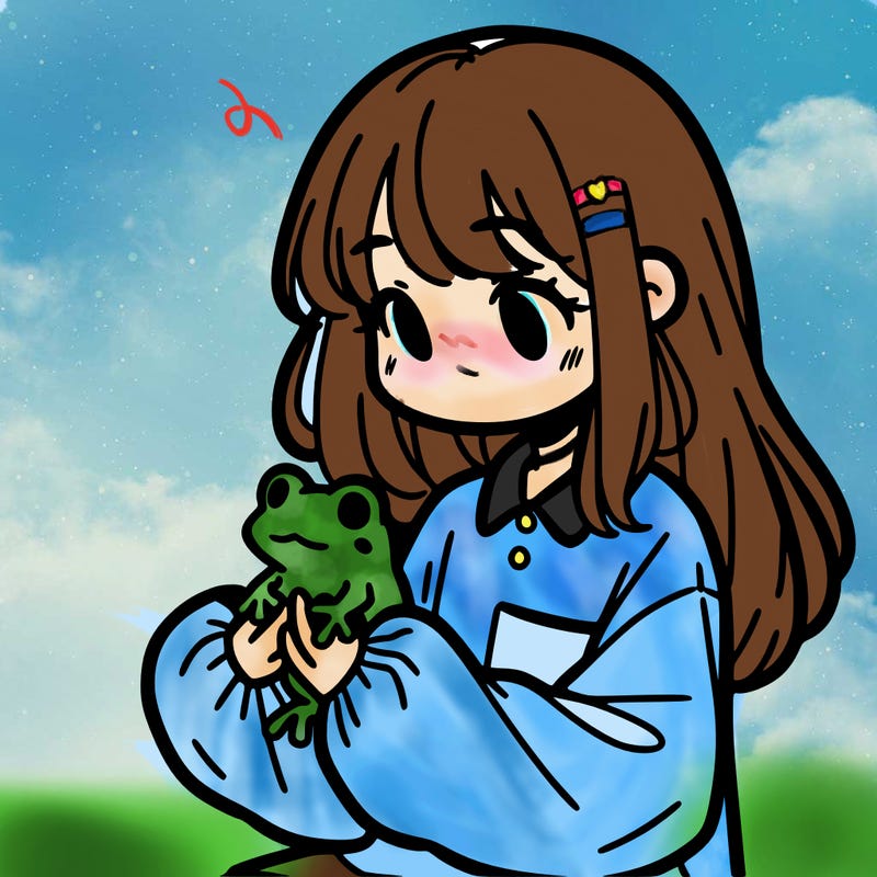 girl with long hair and a oversized shirt. and she is holding a frog