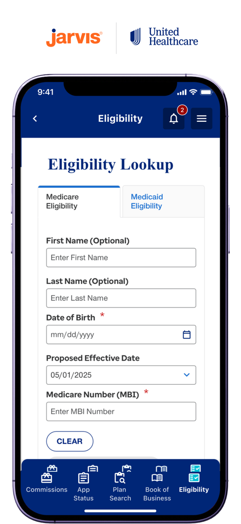 Jarvis UnitedHealthcare app displaying the Medicare eligibility lookup form for insurance agents