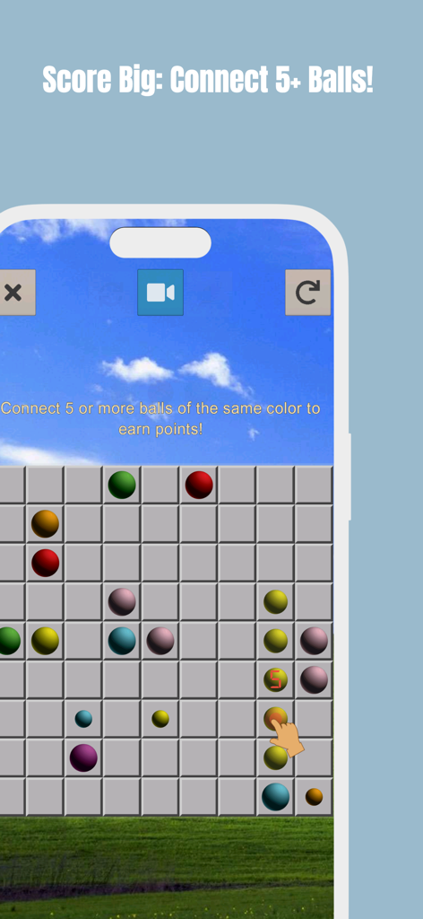 Gameplay screen of Line 98 showing colorful balls on a puzzle grid with game instructions