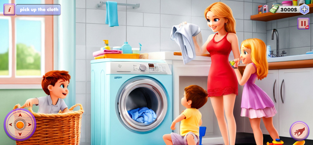 Pregnant Mom Family Life 3D - Una madre virtual lavando la ropa con sus hijos en un juego de simulación de hogar 3D de colores brillantes.