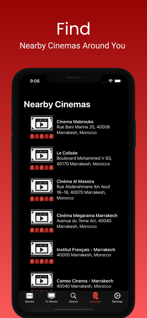 Bflix : Movies & TV Shows - Bflix app screen displaying a list of nearby cinemas and movie theaters