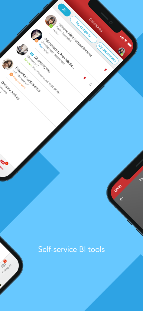 Mensajero corporativo 1C-Connect que muestra una lista de colegas y filtros por departamento.