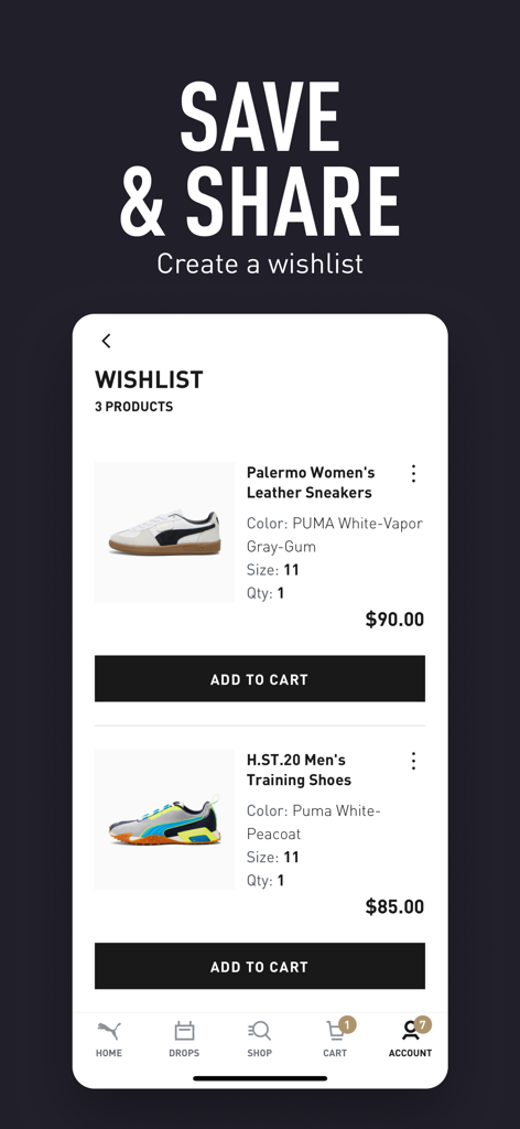 PUMA | Clothes & Sneakers App - Interfaccia della pagina della wishlist dell'app PUMA che mostra sneaker e scarpe da allenamento salvate con prezzi e pulsanti aggiungi al carrello