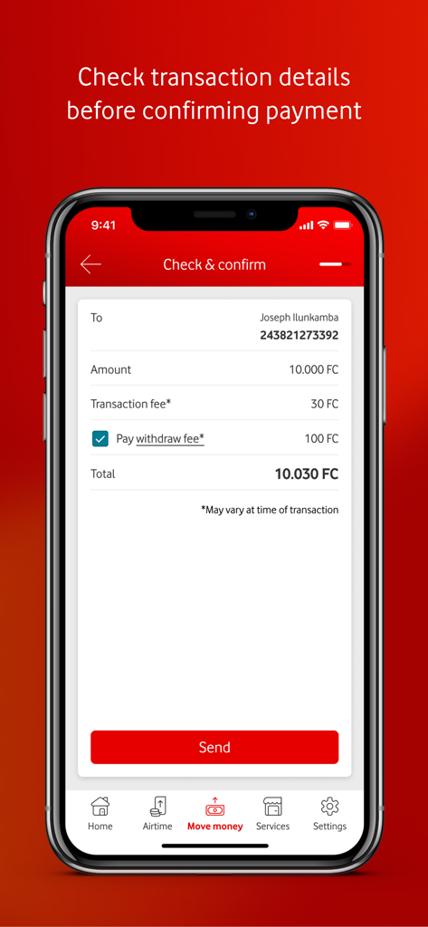 M-Pesa DRC - M-Pesa DRC app transaction confirmation screen showing transfer details in Congolese Francs