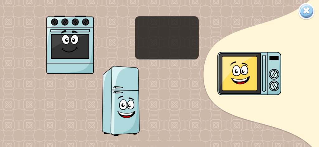 Interfaccia di un gioco educativo per bambini che mostra elettrodomestici a cartoni animati per un'attività di abbinamento.