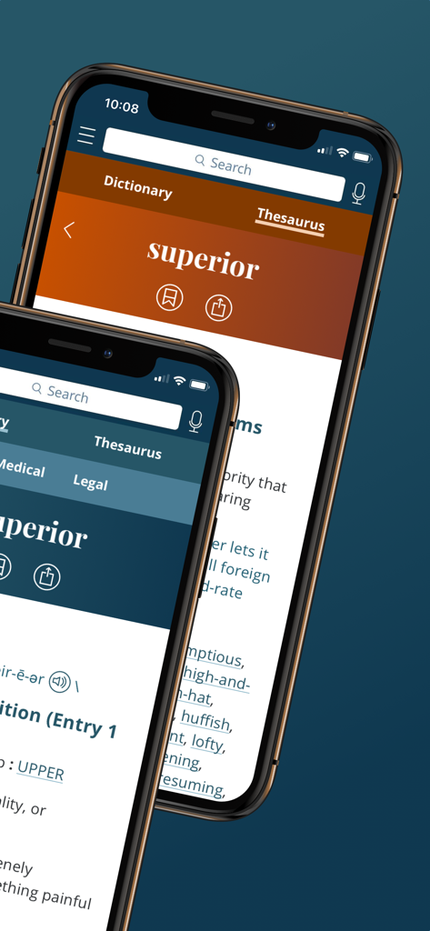 Two mobile phones showing the Merriam-Webster app interface with dictionary and thesaurus entries for the word superior