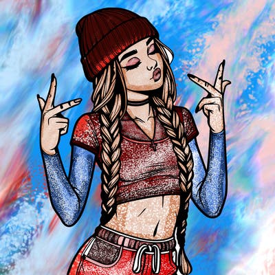 realistic teenage girl with braids and a beanie and crop top doing 🫶🏼