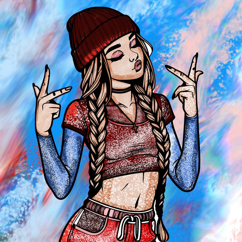 realistic teenage girl with braids and a beanie and crop top doing 🫶🏼