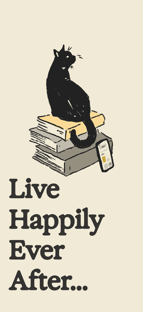 Margins: Book Tracker - Illustration einer schwarzen Katze, die auf einem Stapel Bücher sitzt, mit dem Text Live Happily Ever After