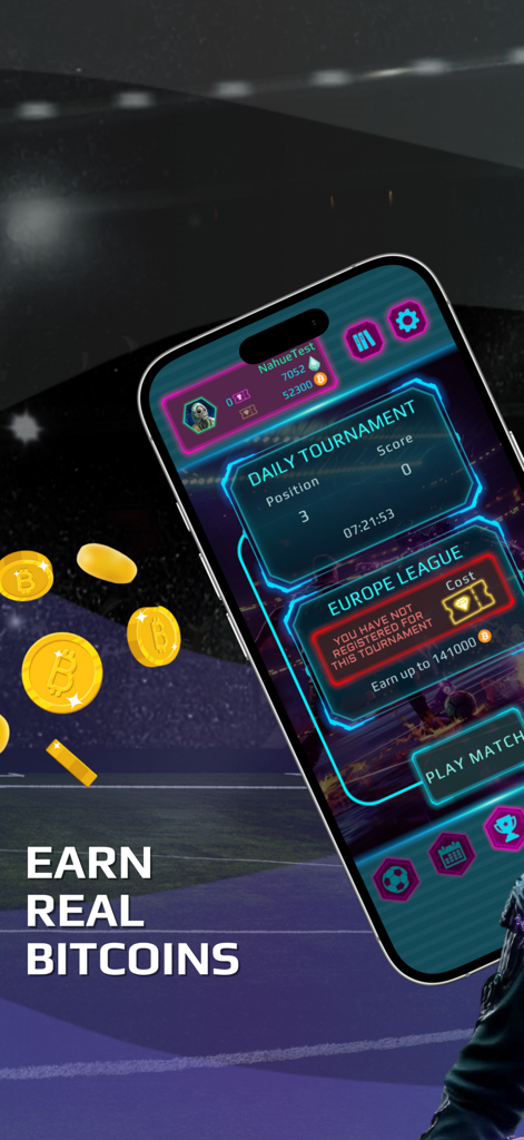 Satoshi's Goal - Satoshis Goal football game screen featuring daily tournaments and real Bitcoin rewards