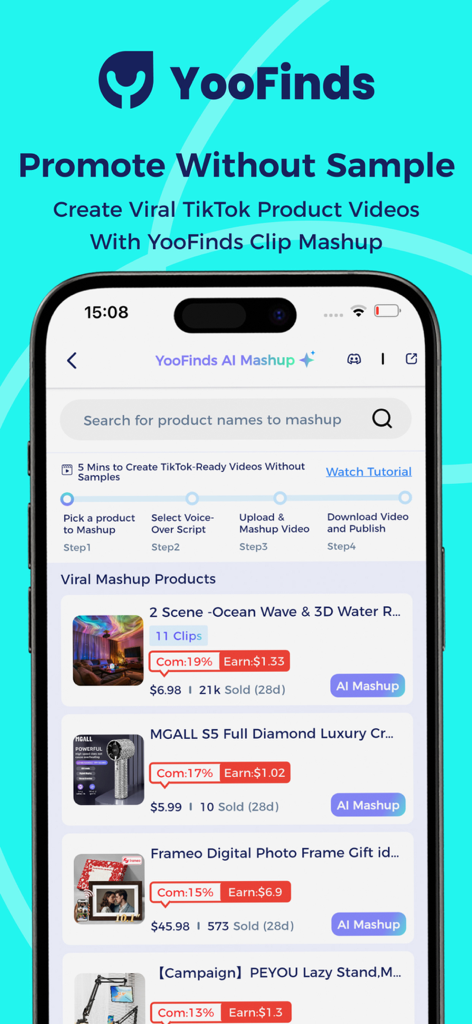 YooFinds - Interfaz de la aplicación móvil YooFinds que muestra la función de mashup de IA para crear videos de productos de TikTok sin muestras
