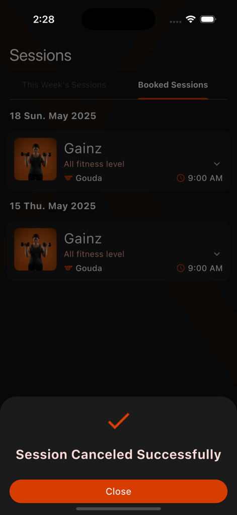 Athletix Eg - Athletix Eg app showing a session canceled successfully confirmation message