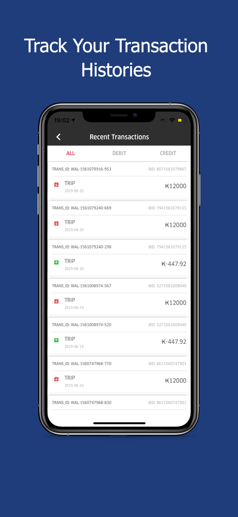 Loca Driver app interface showing a detailed list of recent trip transactions and driver earnings