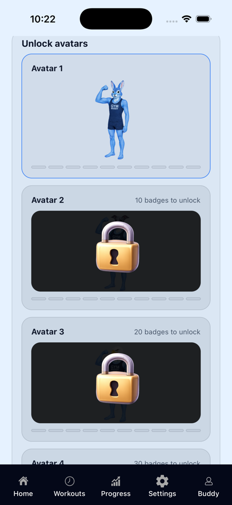GymBuddy 1 - Unlock avatars interface in GymBuddy app showing a muscular blue rabbit and locked levels.