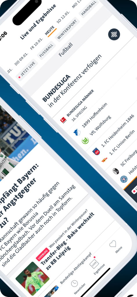 SPORTSCHAU - Sportschauアプリのインターフェースにライブのブンデスリーガスコアとスポーツニュースが表示されています