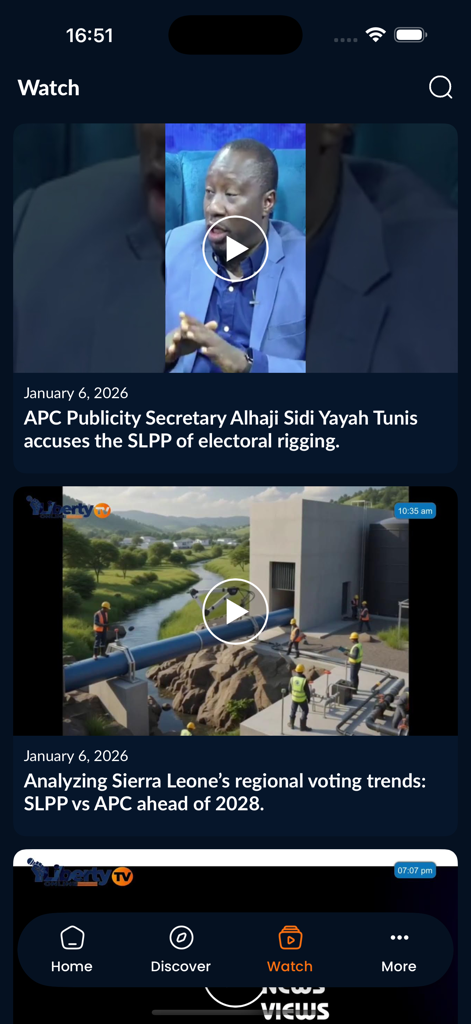 Liberty Online TV mobile app interface showing news video updates about Sierra Leone politics and current affairs.