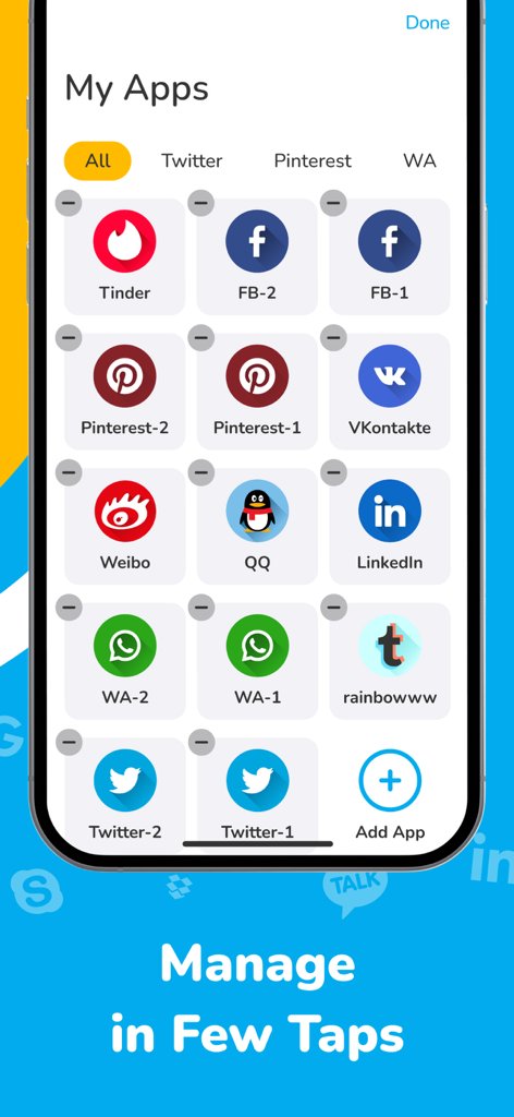 Interface of Parallel Space app showing dual accounts for social media platforms like Facebook and WhatsApp