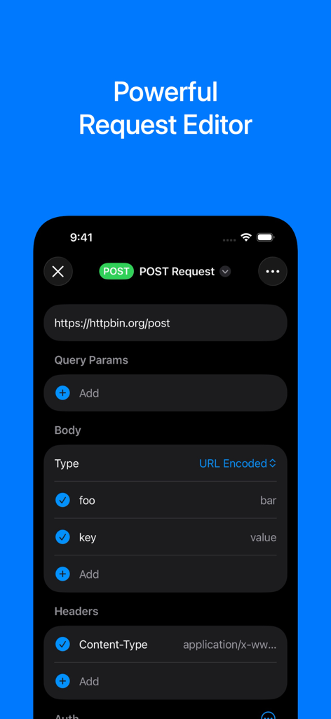 A screenshot of the HTTPBot request editor interface on iPhone showing a POST request configuration with body and header fields.