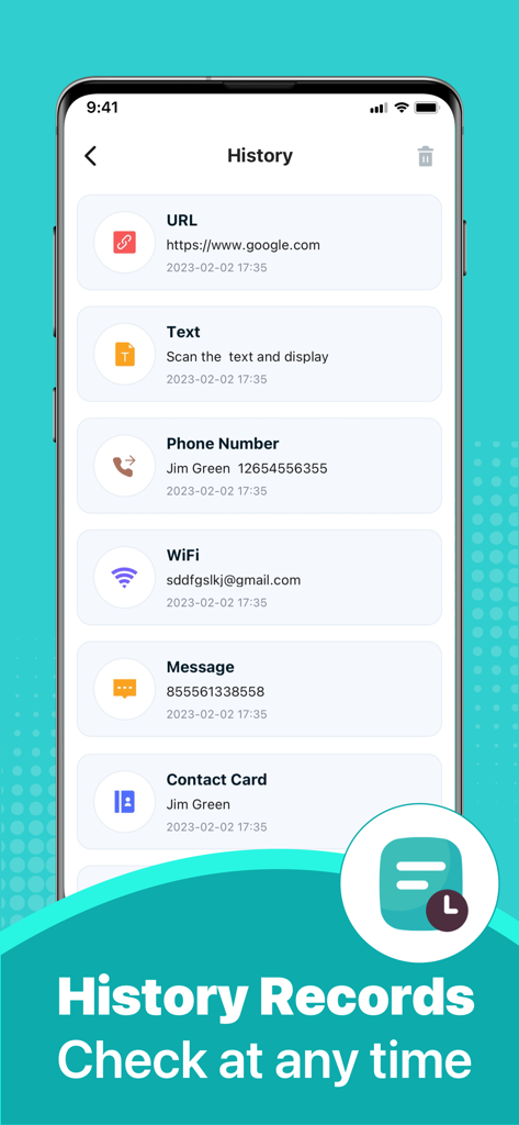 QR Code Scanner:Barcode Reader - A screen showing the scan history of the QR Code Scanner app including URLs, text, phone numbers, and WiFi connections.
