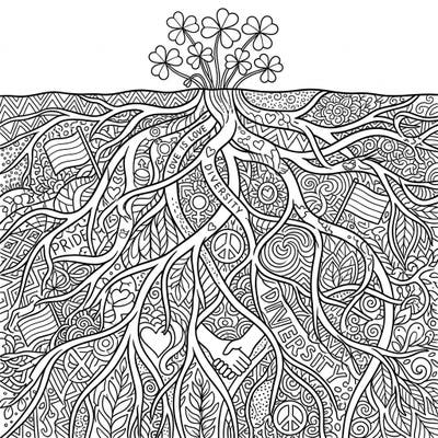 Celebrate Pride Month with this unique shamrock roots coloring page, symbolizing love and diversity. Its intricate patterns and hidden messages offer a deeply engaging and meaningful coloring experience.