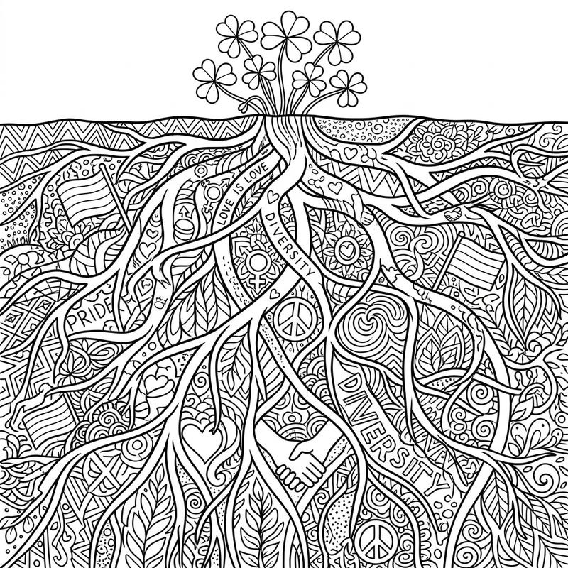 Celebrate Pride Month with this unique shamrock roots coloring page, symbolizing love and diversity. Its intricate patterns and hidden messages offer a deeply engaging and meaningful coloring experience.