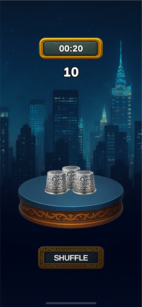 Cup Trick Hustle - Three ornate silver cups on a platform with a night city skyline background and a shuffle button