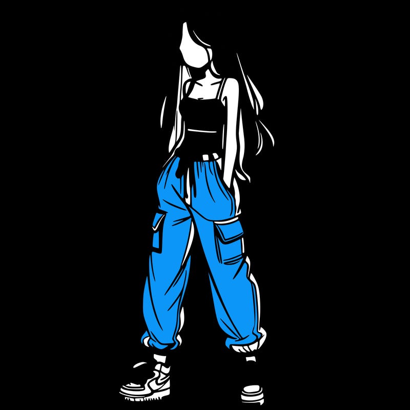 girl in baggy pants crop top and long hair