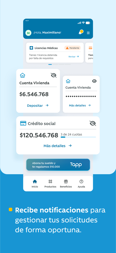 APP Caja Los Andes - APP Caja Los Andesのダッシュボード。貯蓄口座、社会信用残高、医療ライセンスのステータス通知を表示