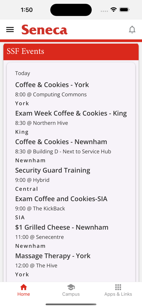 Seneca Mobile - Seneca Mobile app screen displaying a list of upcoming student events across different campuses