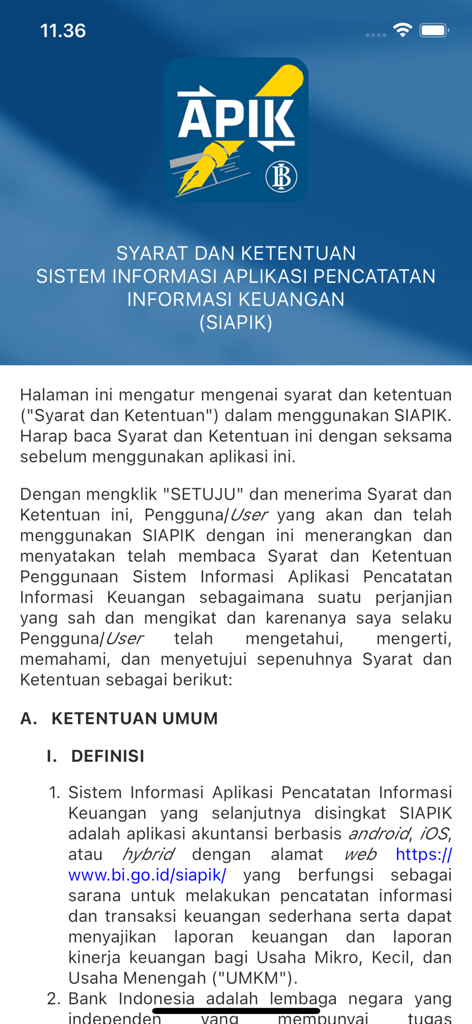 Terms and conditions screen of the SIAPIK BI accounting app by Bank Indonesia