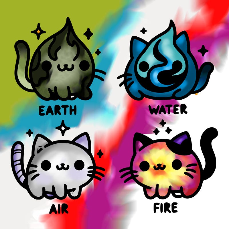 4 cats that represent the different elements, earth, water, air, and fire
